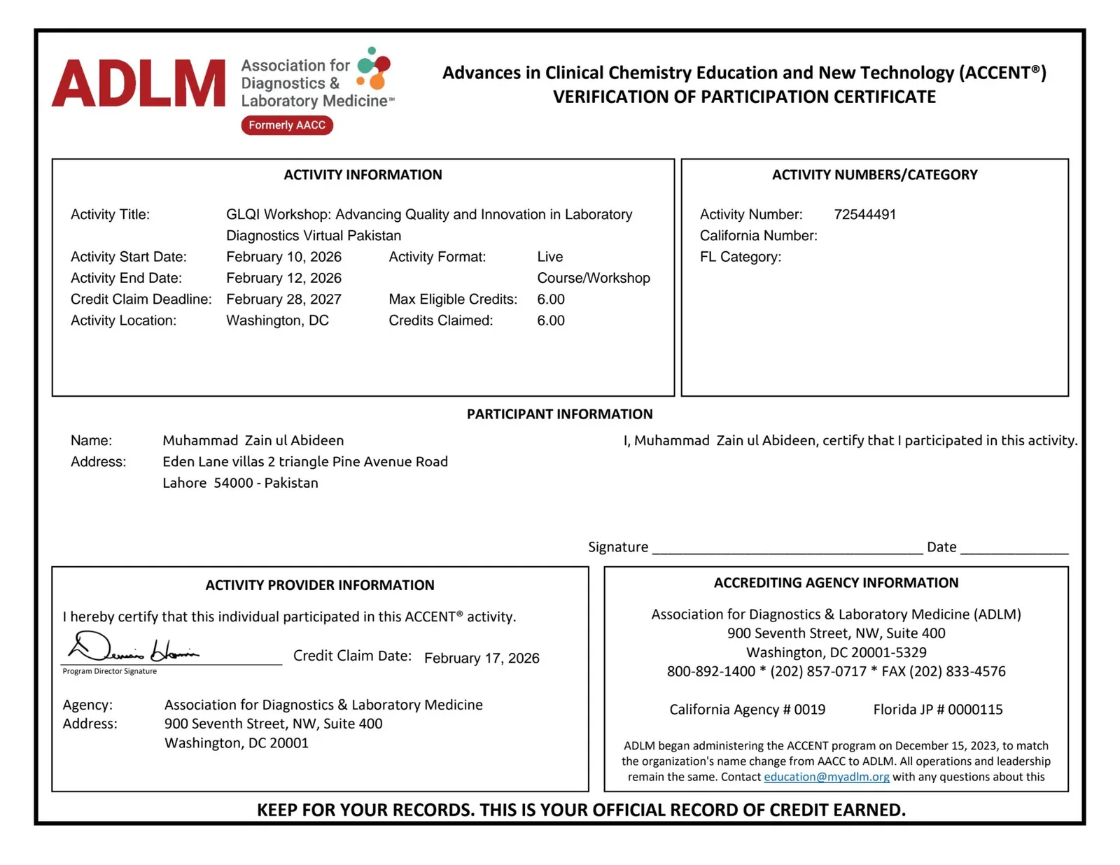ADLM GLQI workshop certificate