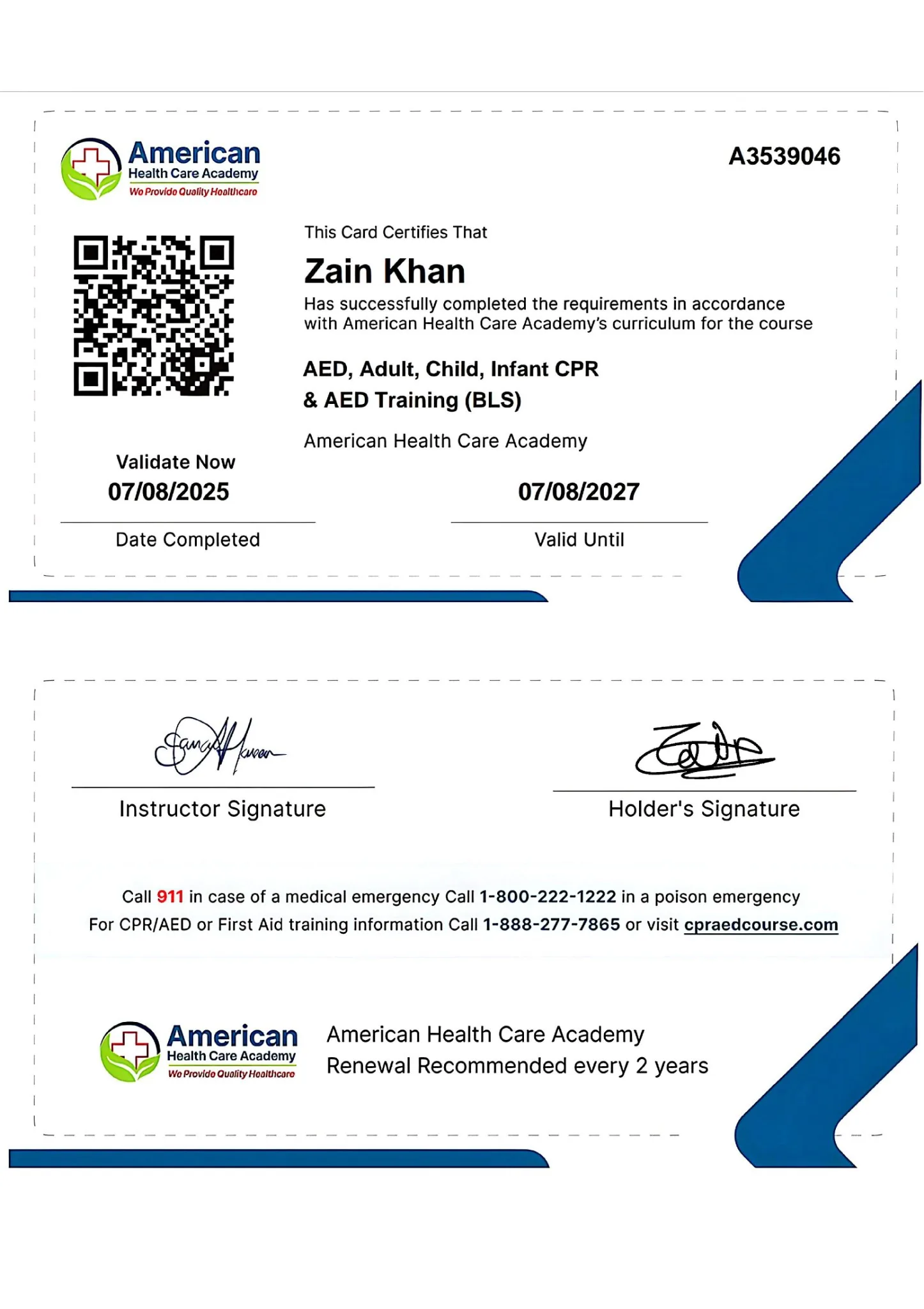 BLS CPR certificate card