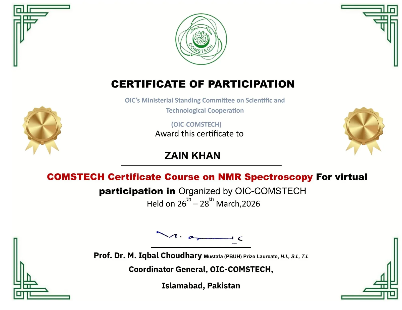 COMSTECH NMR spectroscopy certificate
