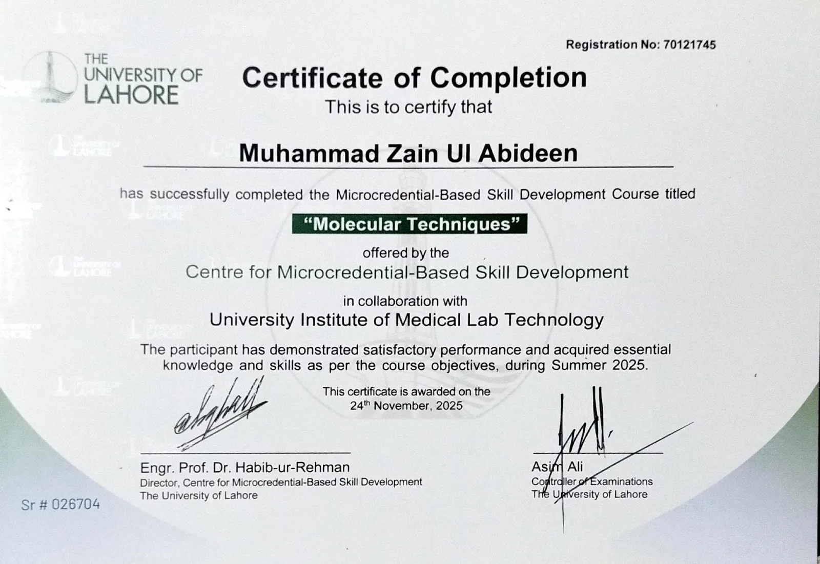 University of Lahore molecular techniques certificate